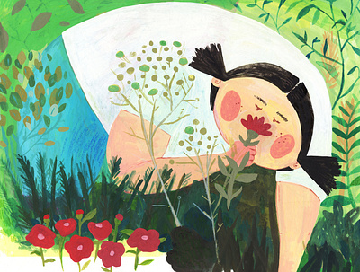 Smell the Flowers childrens illustration colorful gouache illustration illustration art plant illustration traditional art whimsical women in illustration