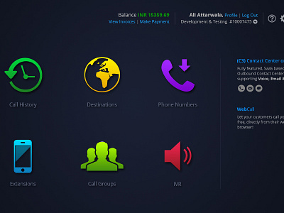 CloudPBX Management UI admin dark dashboard icons nav ui