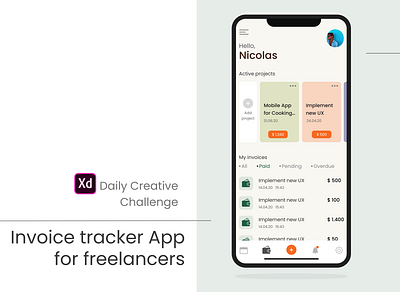 Mobile Application for Freelancers / Invoice tracker application design design invoice invoice design minimal mobile mobile app ui xd design xddailychallenge