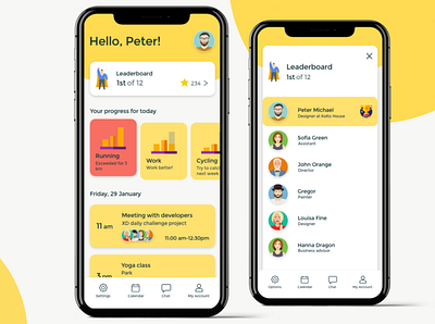 Team challenge mobile application design leaderboard mobile app schedule team ui xd design yellow