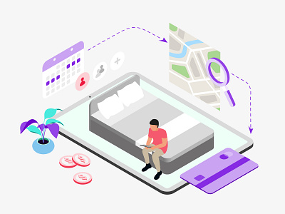 Mobile App Booking Hotel Features Isometric appdesigner customillustrations developer redesign ui ux webdevelop webdevelopers webdeveloping webdevelopment