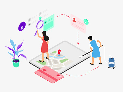 Mobile App Hire House Helper Features Isometric appdesigner customillustrations developer hire house helper illustration isometric mobile app redesign ui ux webdevelop webdevelopers webdeveloping webdevelopment