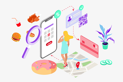 Mobile App Order Food And Drink Feature Isometric appdesigner customillustrations developer drink food illustration isometric mobile app order redesign restaurant ui ux webdevelop webdevelopers webdeveloping webdevelopment