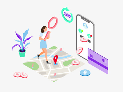 Mobile App Transaction Places Finder Features Isometric appdesigner customillustrations developer illustration isometric mobile app redesign ui ux webdevelop webdevelopers webdeveloping webdevelopment