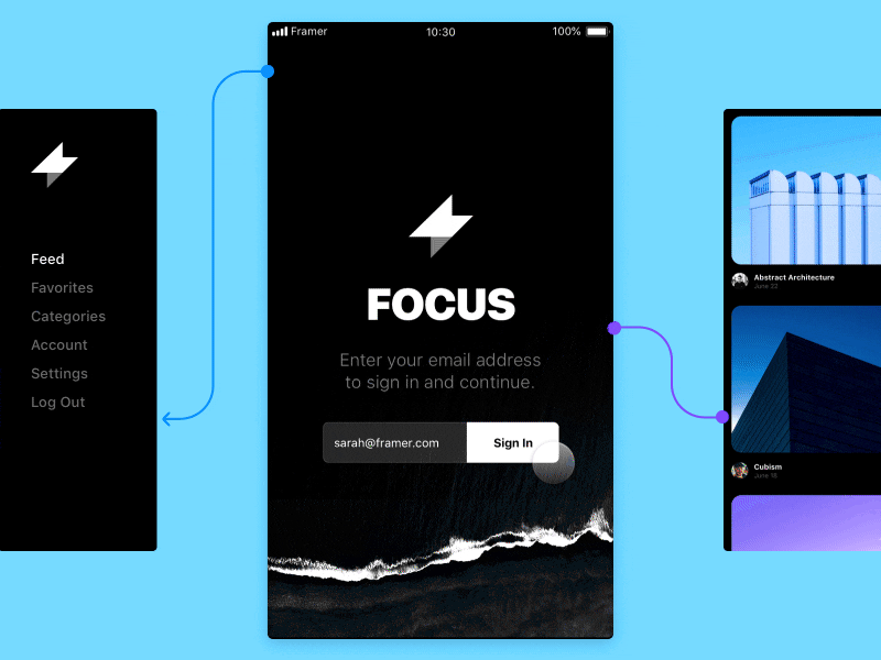 Framer X: Interactive Tools app dark focus framer interaction interactive link mobile navigation screen scroll tools
