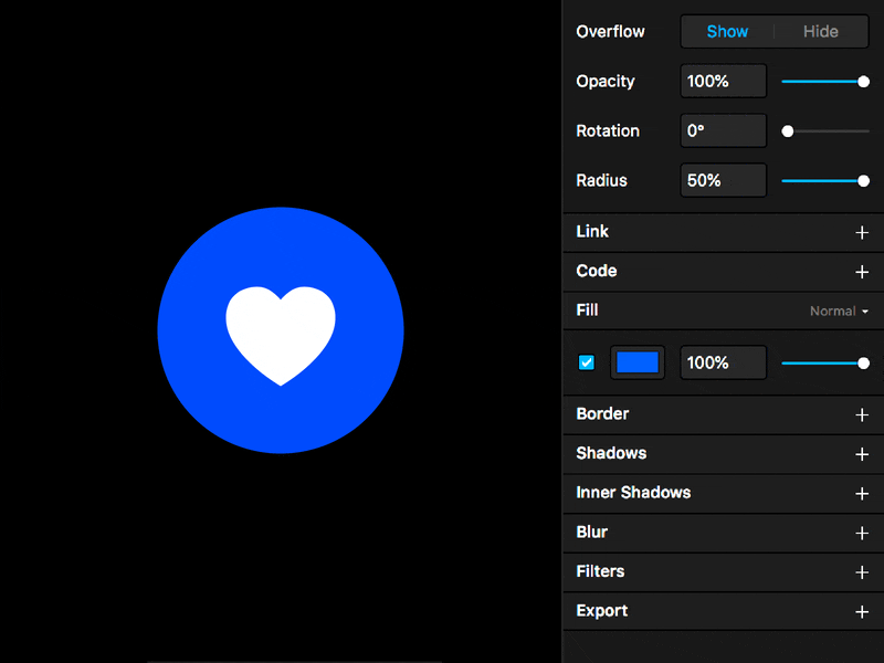 Framer X: Code Overrides animation blue bounce button code dark framer gif heart javascript override react snippet ui
