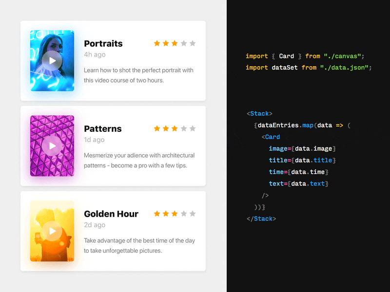 Framer X: Real Data animation card cards code components data framer framer x gif javascript json list rating react real data stack ui