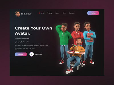 Hello Mike! 3D avatar creation landing page adobe xd design figma interaction design landing page ui ui design web design