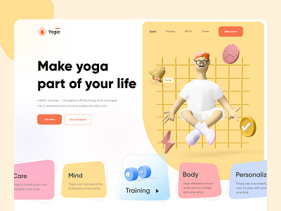 Website Design - Yogic 3d 3d design 3d illustration clean creative fitness hero header landingpage minimal mobile mobile app typogaphy ui uiux ux vector webdesign yoga yoga app yoga pose