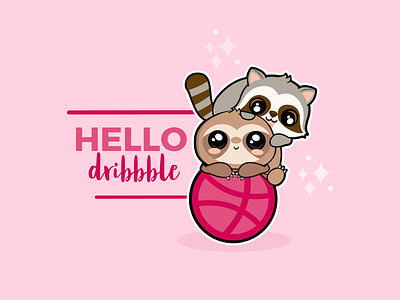 Hello Dribbble :) character debut dribbble ball hello dribbble illustration kawaii raccoon sloth vector