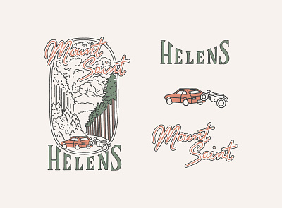 Mt St Helens 1980 Volcanic Eruption branding eruption fir trees forest handlettering illustration lettering mount saint helens northwest old car pnw simple line art volcanoe