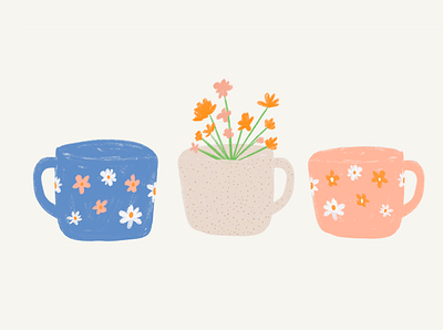 Three Cups of Morning blue mug coffee coffee cup cute illustration daisies daisy morning coffee mug mugs pink mug speckled mug speckles