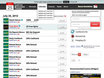 Homepage design for casinobonusestoday.com in 2013 homepage design offer listings offers
