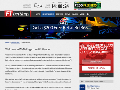Homepage for F1-bettings.com homepage ux menu ux newsletter ux