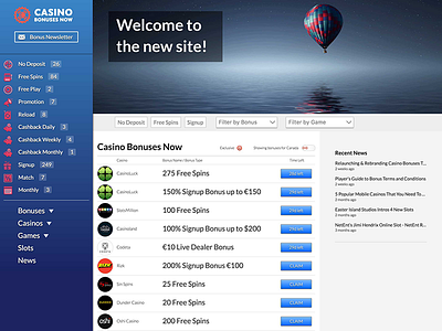 Homepage for CasinoBonusesNow.com design homepage
