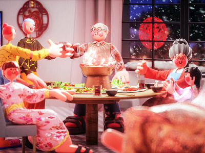Big family dinner party 3d blender c4d character child cinema 4d cozy dinner family grandma grandpa happy home illustration indoor kid love octane party people
