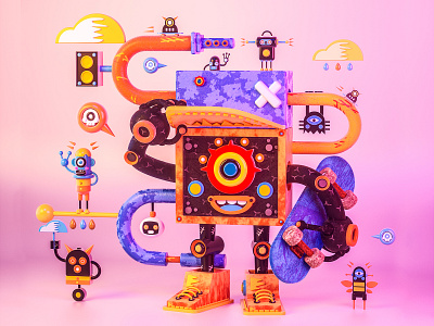 Skateboarder boy 3d bigeyes blender c4d cartoon cinema 4d cloud doll happy hat hiphop illustration octane playground robot skate skull head smiling face sound toys