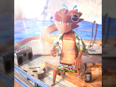 Dragon on the sea 3d 3d art c4d character cinema 4d design happy illustration muic octane pizza sea ship summer wine