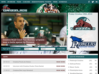 Grizzlies Home Page coach green hockey ice hockey league marketing site sports standings team ui ux