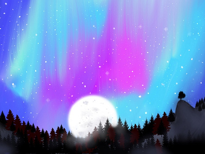 Aurora and moon aura aurora aurora borealis design design art illustration moon pine trees