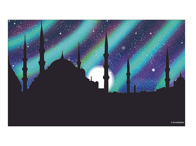 Blue mosque (Istanbul) and Aurora borealis aurora borealis blue digital art digital illustration digital painting illustration istanbul turkey