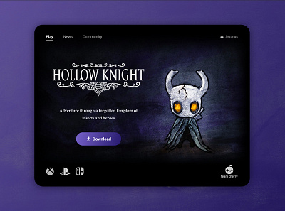 Hollow Knight - Game Launcher dark gaming homepage illustration launcher nintendo playstation purple ui video game violet xbox