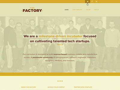TF Mockup // Version 1 accelerator cigars facebook gold incubator linkedin links navigation picture red social stars the factory twitter