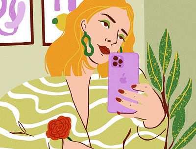 Selfie in the mirror design drawing girl girl and plants girl with plants illustration mirror noise plants procreate selfie