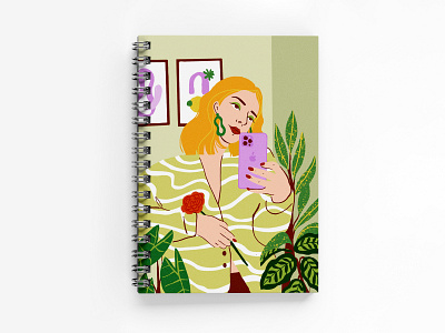 Selfie in the mirror design drawing girl girl and plants girl with plants illustration illustrator notebook notebook mockup plants plants drawing plants illustration procreate
