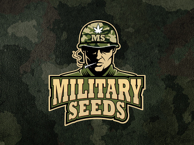 Military Seeds - Cannabis Soldier Logo Design army logo camouflage cannabis cannabis logo character logo helmet illustrative logo marihuana military military green soldier logo war
