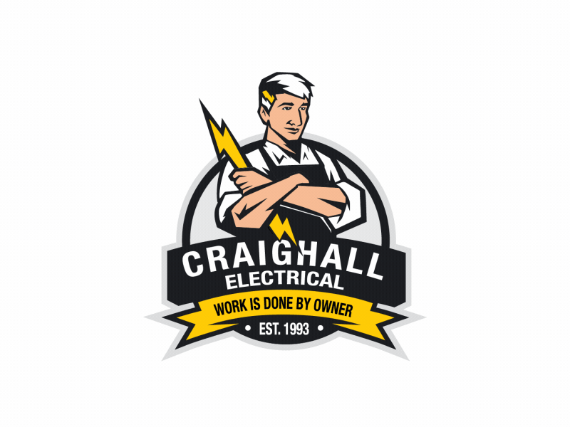 Craighall Electrical Illustrative Logo Design & GIF bolt logo cartoon brand cartoon branding cartoon illustration custom logo brand electrical company brand electrical logo electricity logo illustrative brand logo character design owner character design portrait logo