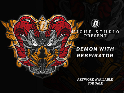 DEMON WITH RESPIRATOR abstract animal apparel apparel design art background devil evil fantasy fire geometry gold hell illustration pattern satan t shirt triangle vector