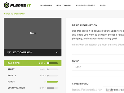 Editing a Campaign dashboard edit form green input multi form pledge it progress
