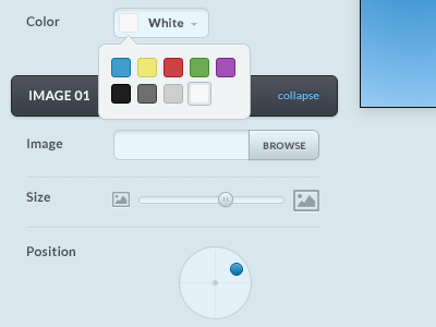 Editor browse color editor image position size slider swatches uploader widget