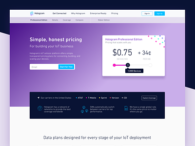 Hologram Professional Edition Pricing Hero hero landing landing page plans pricing slider