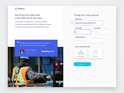 Hologram Dashboard Sign Up create account new account sign up signup