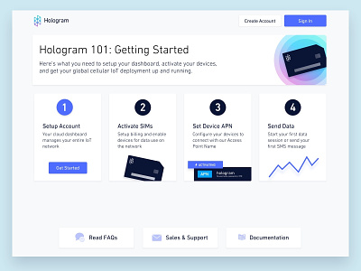 Hologram 101: New User Onboarding create account flow get started iot landing multi-step new user onboarding tour walkthrough welcome