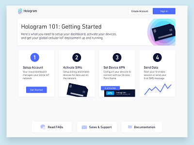 Hologram 101: New User Onboarding create account flow get started iot landing multi step new user onboarding tour walkthrough welcome