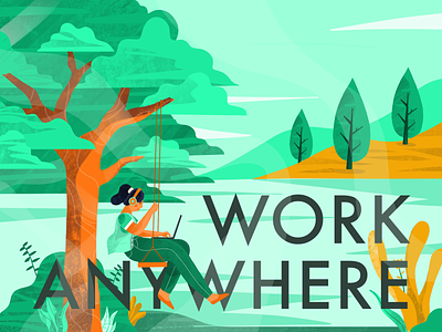 Work Anywhere flat illustration forest illustration lake laptop music nature procreate work workspace