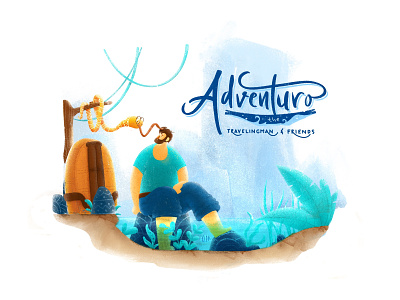 Adventuro - New Friend "Papa" adventure backpack flat illustration illustration journey landing page river story travel vacation