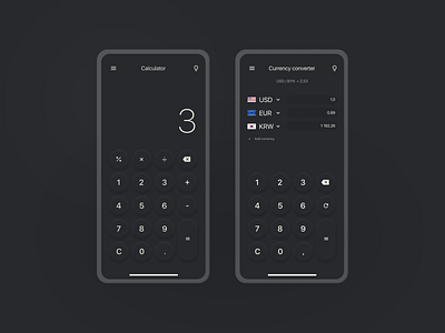 Daily UI Challenge #004 - Calculator & Сurrency converter(night) calculator calculator app calculator ui dailui daily 100 challenge design minimal mobile mobile app neumorphic night ui