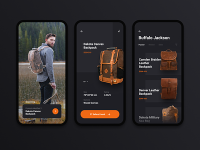 Augmented Reality Product Recognition app ar augmented backpack bags camera catalogue clean design interace ios iphone list mobile product product card reality scanning ui virtual