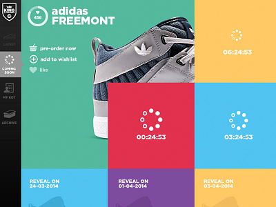 King of Trainers - Product Launch Countdown clean colour colour collective colourful coming soon countdown footwear landing page loading product landing product launch retail side nav sneakers social sports brand store ui web design