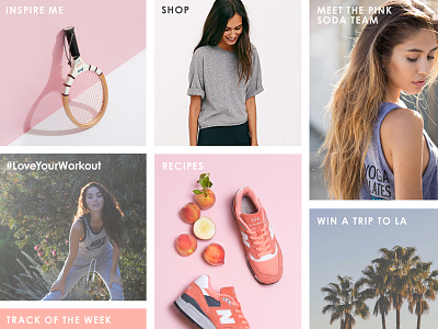 Pink Soda Sport - Landing Page clean female focused imagery instagram landing page pastel pastel colours photography retail social sports brand square tiles