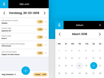 Time registration app & tool adobe xd app black blue calendar clean design layout prototype time tool ui