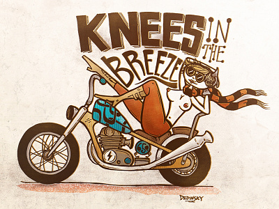 Knees in the breeze bobber cartoon chopper motorcycle screen print topless vintage woman