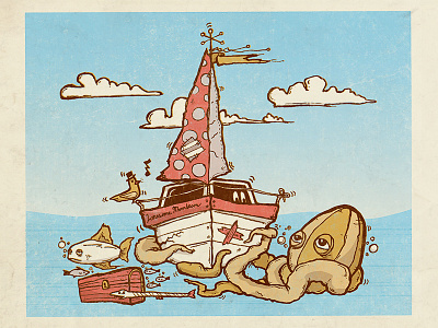 The Lonesome Moonbeam fish sailboat screenprint squid treasure yar