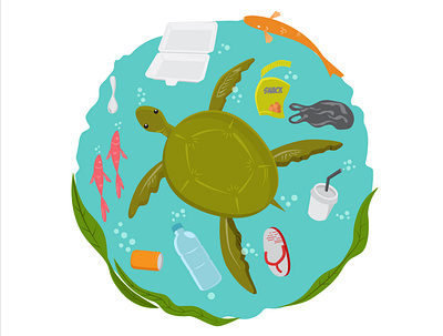 Turtle Among Rubbish art artwork concept design environmental flat graphic green icon illustration ocean plastic pollution rubbish sea symbol trash turtle vector