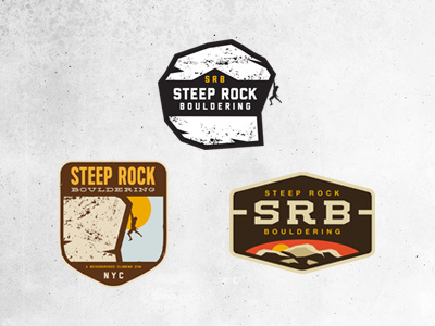 SRB Bouldering logo + badges badge branding climbing illustrator logo mountains outdoors patch photoshop rock sun vintage