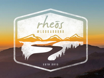 rheos badge adventure badge branding logo mountains outdoors river stamp sunset trees vinatge water